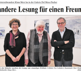 Die drei Künstler machten die Lesung zum einmaligen Erlebnis: Cellistin Eva Lehnherr, Kunstmaler Kurt Hediger und Schriftsteller Klaus Merz . (Bilde: Zeitungsausschnitt/EP.)