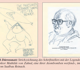 Typisch Dürrenmatt: Strichzeichnung des Schriftstellers mit der Legende «Fräulein Doktor Mathilde von Zahnd, eine ihrer Atombomben werfend», im Gästebuch vom Saalbau Reinach. (WB)