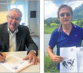 Identifizieren sich beide als Mitglieder des Business Clubs mit dem 1.-Liga- Eishockeyteam Red Lions Reinach: Der mit Abstand erfolgreichste NLA-Trainer Arno Del Curto und Gemeindeammann Martin Heiz. (Bilder: zVg.)