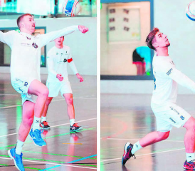 Jan Wolfensberger (l.), Silvan Bisig und ihre Teamkollegen vom STV Oberentfelden beenden die Qualifikation auf dem dritten Rang. (Bilder: Elias Beck/Swiss Faustball)