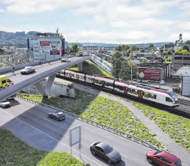Neue Überführung Bernstrasse Ost B-178 über die NK241 sowie über die Bahnlinien der SBB und der AVA, Sicht Richtung Suhr, Gränichen. (Bild: Kanton Aargau)