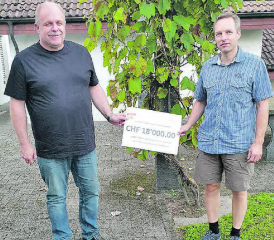 Symbolisch den Check für den Gemeindebeitrag übergeben: Gemeindeammann Herbert Räbmatter (l.) und Ressortleiter Liegenschaften der Kirchgemeinde, Peter Leuenberger. (Bild: zVg.)