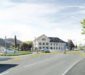 Visualisierung Herberge-Kreisel Teufenthal: Das Projekt umfasste einen Betonkreisel und eine neue Bushaltestelle beim ehemaligen Postgebäude. Die Bauarbeiten sollen im Januar/Februar 2019 beginnen und im Sommer 2020 abgeschlossen sein. (Bild: zVg.)