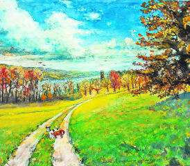 Biendlihuusweg Gumen Böju – zum Hallwilersee hinunter. Aquarell u Mt 50x60cm a PaLw 2022, Gemäldebild und Text von Alberto Romer, Beinwil am See.