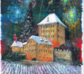 Neujahrsgruss des Wynentaler Blattes: Das Schloss Heidegg in Gelfingen – gezeichnet von Grafiker Ludwig Suter, Beromünster.