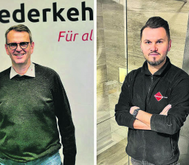 Grenzübergreifendes Netzwerk im Su(h)rental: Roland Wiederkehr, Inhaber seines Elektrogeschäfts in Kirchleerau (l.) und Marko Milicevic, Inhaber der Firma Plattenleger Team Triengen machen den Anfang. (Bilder: zVg.)