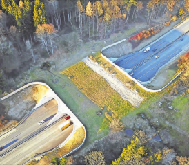 Aus der Vogelperspektive: Die 36 Meter lange und 50 Meter breite Brücke ist mit Erde bedeckt. Bietet die wachsende Vegetation mehr Schutz und ist der Wildkorridor wiederhergestellt, werden auch mehr Tiere über die Brücke gehen. (Bilder: ran.)