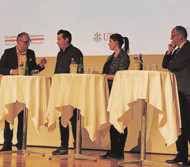 Podiumsdiskussion zum Thema «Millennials» (v.l.): Moderiert von Reto Brennwald, mit Dominik Solenicki, CEO Sintratec, Ramona Bolliger, Siegerin der Berufsweltmeisterschaften 2017, Thomas Sommerhalder, Regionaldirektor UBS Aargau/Solothurn und Fabio Emch, CEO jim & jim. (Bild: pd.)