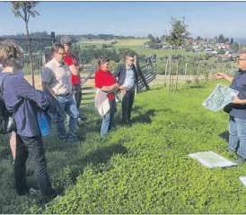 Interessante Ausführungen eines Fachmanns: Hermann Graser (re.) führte die EVP-Schar durch das Wildobstarboretum und die nationale Hochstammsammlung in Dürrenäsch. (Bild: zVg.)