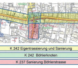 Das Sanierungsprojekt Unterkulm wurde in drei einzelne Teile gebrochen: Die Sanierung Böhlerstrasse (rot) wird als eigenständiges Projekt weiterbearbeitet. Die WSB-Eigentrassierung Abschnitte Nord und Süd (gelb) wird weiterverfolgt. Für die Knotenform Böhler (grün) werden vier Varianten geprüft. (Bild: WB-Archiv)