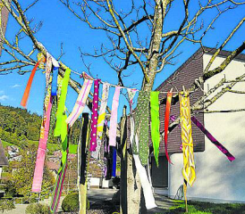 Am Nussbaum aufgehängt: Die von den Frauen mitgebrachten Stoffstreifen. (Bild: zVg.)