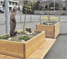 Jetzt muss das Gepflanzte nur noch wachsen und blühen: Die Holzkisten verschönern den Unterkulmer Zentrumsplatz. (Bild: zVg.)