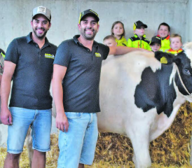 Der Lebendpreis, das Holsteiner Rind «Arktis», mit (von links) Homberg-Gabenchef Manfred Furrer, Schwingklub-Kulm-Präsident André Bergmann, den Spendern Patrick und Daniel Meyer sowie dem Züchterpaar Urs und Diana Siegrist. (Bild: wr.)