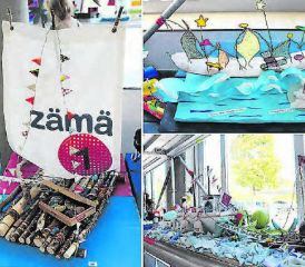 Das Siegerprojekt und weitere originelle Arbeiten: «zämä1» vom Team Werkstätten WS 1 (grosses Bild) wurde zum Sieger erkoren, «Luce» vom Team Pädagogische Therapien (oben) und «Twister» vom Team Hauswirtschaft. (Bild: zVg.)