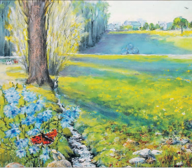 Text und Bild Aquarell und Mischtechnik 50x60cm 2018. Wegwarte am Eggelerbach Böju 2015 neben Lochhalde und Chilchmatt von Alberto Romer, Beinwil am See.