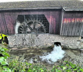 Ein Blick hinter die Sagi: Das Wasserrad dreht weiterhin ruhig vor sich her. (Bild: rc.)
