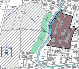 Auch ein Kritikpunkt in der Einwendung der Grundbesitzer: Das WSB-Geleise entspreche in den angedeuteten Ausmassen nicht der Realität, tatsächlich handle es sich um einen Korridor von 30 Metern Breite, dem sogar Gebäude zum Opfer fallen würden. (Grafik: zVg.)