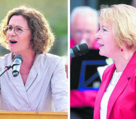 Ans Rednerpult stellten sich zwei Rednerinnen: Links Sabina Freiermuth, Parteipräsidentin der FDP Aargau, rechts Gemeinderätin Renate Egli aus Kirchleerau.