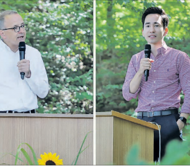 Die Nachbarn aus Aarau referierten auf dem wohl schönsten Waldfestplatz des Landes: Dr. Hanspeter Hilfiker, Stadtpräsident von Aarau, und Yannick Berner, Fraktionspräsident der FDP im Einwohnerrat Aarau. (Bilder: Remo Conoci)