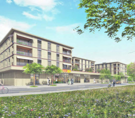 Visualisierung der sichtbaren Bauten. Die zweigeschossige Tiefgarage für Kunden, Personal und Bewohner wird zusammengefasst über eine Rampe im nördlichen Bereich erschlossen.