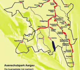 Rot eingezeichnet die Auengebiete im Aargau: Im Wynen-, See- und Suhrental gibt es kaum welche. (Bild: Kanton Aargau)