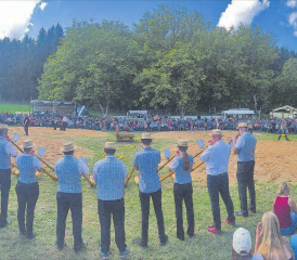 Welch schönes Panorama! Die 1200 Zuschauerinnen und Zuschauer kamen auf dem Homberg ob Reinach in den Genuss von ausgezeichnetem Schwingsport, prächtigem Wetter und heimatlichen Klängen seitens der Alphorngruppe Leutwil unter der Leitung von Beat Huber. (Bilder: rc.)