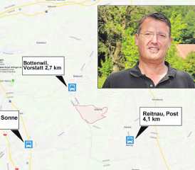 Die «Endstationen» auf dem Weg mit öffentlichen Verkehrsmitteln nach Wiliberg. Nationalrat Thomas Burgherr sieht in einer Art «Ruftaxi» eine mögliche Lösung. (Bilder: Raphael Nadler/Remo Conoci)