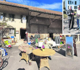 Max Burgherr und Sämi Müller sitzen gemütlich vor der Brockenstube Chorlihus Gontenschwil, während andere eine günstige Harke erstanden haben (kleines Bild). (Bild: zVg.)