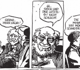 Im Wirtshaus zur Sonne in Dottikon: Die Anwesenden, der Wirt, sein Knecht und der Gemeindeammann, brauchen noch einen Mitspieler für den «Schieber», Bernhart Matter gibt sich als Metzger Hauri von Seon aus. (Bild: Matter-Comic, Reto Gloor, Markus Kirchhofer, Edition Moderne)