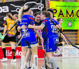 Die Spielerinnen des Frauen-Teams des UHC Lok Reinach hatten in der heimischen Halle einige Gelegenheiten, miteinander zu jubeln. (Bild: Roland Wick)