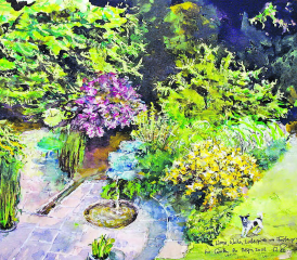 Frühlingserwachen im Garten Romer, Beinwil am See – Wasser, Weiher, Lichtspiele und Farbenpracht. Aquarell u Mt 50x60cm a Pa, 2023. Wasser. Gemäldebild und Text von Alberto Romer.