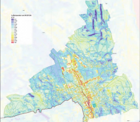 Zukunfts-Szenario 2035 für Reinach: Der Anteil Siedlungsfläche mit einem grossen oder sehr grossen Wärmeinseleffekt steigt von heute 2,1 Prozent auf 15 Prozent im Jahr 2035. (Grafik: Kanton Aargau)