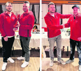 Willkommensgruss: Simon Gloor überreicht dem frisch gewählten Oberturner Nicola Conrad den Hallenschlüssel (Bild links) − Präsident Patrick Steiner gratuliert Marco Lüscher zur Neuaufnahme. (Bilder: zVg.)