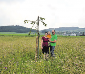 Trauriges Bild: Diana und Urs Siegrist mit Ben vor der verstümmelten jungen Linde. (Bilder: mars.)