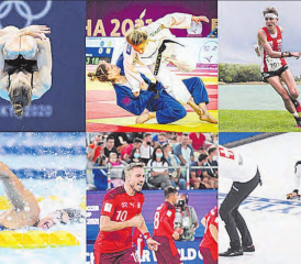 Wer wird Aargauer Sportler/-in des Jahres? Zur Wahl stehen (oben v.l.) Michelle Heimberg (Wasserspringen), Fabienne Kocher (Judo), Matthias Kyburz (Orientierungslauf), Nora Meister (Para-Schwimmen), Noel Ott (Beachsoccer) und das Team Tirinzoni (Curling).