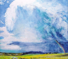 Gewitterfront bei Römerswil – der Baldeggersee ist versteckt, unten zwischen den Moränehängen Erlosen und Lindenberg Aquarell u Mt 50x60cm a Pa, 2024. Gewitterfront Römerswil über Baldeggersee - nF vGB 2020 Gemäldebild und Text von Alberto Romer, Beinwil am See