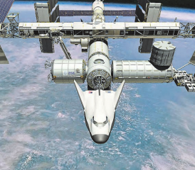 Präzisionsarbeit im Weltraum: Wenn 400 Kilometer über unseren Köpfen der Raumgleiter an die ISS andockt, sind Kugelgewindetriebe aus Burg im Einsatz. (Bild: Wikipedia)