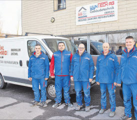 Die Abbühl + Schmid GmbH heisst neu Wyntech AG: Neuer Name, bewährte Kompetenz und Qualität, dafür stehen Timo Vogt, Dzevljan Sulejmani, Matthias Schmid, Martin Abbühl und Markus Kuster (v.l.n.r.). (Bild: zVg.)