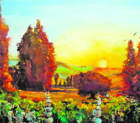 Aquarell u Mt 50x60cm a Pa, 2023. Morgenstimmung Böju von Reinach Lenz her gesehen. Gemäldebild und Text von Alberto Romer, Beinwil am See