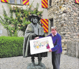 «Gott grüss die Kunst»: Grafiker und Illustrator Ludwig Suter erweist Helias Helye die Reverenz. Seine Statue ist vor dem Schloss Beromünster aufgestellt und weist darauf hin, dass Möischter die Wiege der Schweizer Buchdruckerkunst war. (Bilder: msu.)