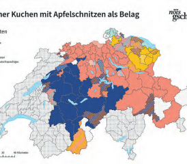 Ein erstes Resultat aus der App nöis gschmöis liefert die Karte, die zeigt, wie vielfältig die Bezeichnungen für einen runden, flachen Kuchen mit Apfelschnitzen sind. Je dunkler die Farbe ist, desto eindeutiger haben die Befragten die gleiche Antwort gegeben. Je heller, desto vielfältiger waren die Antworten.(Bild: Universität Zürich/Gilles Aebischer.)