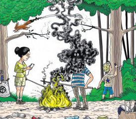 Der Sommer im Wald ist schön, beim Feuermachen ist aber Aufmerksamkeit gefordert – sonst kanns ins Auge gehen... (Cartoon: Silvan Wegmann/zVg.)