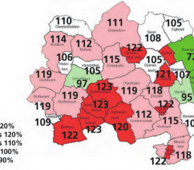Steuerfüsse der Region: Die Prozentzahlen der Gemeinden vom See- bis ins Suhrental im Fokus. (Grafiken: mars/agis)