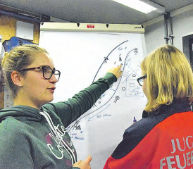 Keine leichte Aufgabe: Diese beiden jugendlichen Feuerwehrfrauen mussten aufzeichnen, was bei der Absicherung eines TLF auf einer Hauptstrasse zu beachten ist.