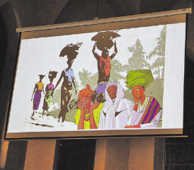 Das bunte Kunstwerk der nigerianischen Künstlerin Gift Amarachi Ottah zeigt die Situationen der Frauen ihres Heimatlandes auf verschiedenen Ebenen.