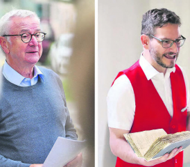 Kompetenz und Wissen: Martin Heiz (l.) erzählte Historisches über die Gebäude rund um den Lindenplatz, Raoul Richner las aus Taufrodeln, Kirchenbüchern und aus anderen schwer lesbaren Schriftstücken. (Bilder: rc.)