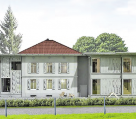 Eine «identitätsstiftende Baute»: Visualisierung des künftigen Doppelkindergartens auf dem Areal der Musikvilla mit Standort beim Gemeindehausplatz Beinwil am See. (Visualisierung Architekturbüro Sik)