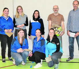 Geehrt für langjährige Leitertätigkeit: (oben v.l.) Andrea Schneeberger, Janis Kaspar, Tamara Engetschwiler, Bruno Gloor, Stefan Wasser, (unten v.l.) Martina Krack, Michelle Lienhard, Sarina Rosenkranz. Es fehlt Paul Voramwald. (Bilder: zVg.)