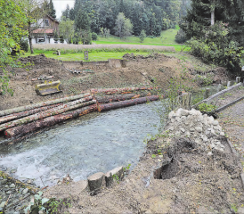 Die Baustelle ist eingerichtet. Das Rundholz liegt bereit, gut zwanzig Forellen wurden ausgefischt und weiter oben beim Salzlager wieder ausgesetzt. Die Arbeiten können beginnen. (Bild: rc.)