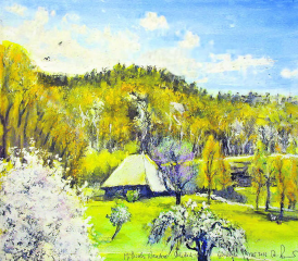 Das wunderbare Strohdach-Hochstudhaus über Leimbach Aquarell u Mt a PaLw 50x60cm 2022. Bildgemälde und Text von Alberto Romer, Beinwil am See.